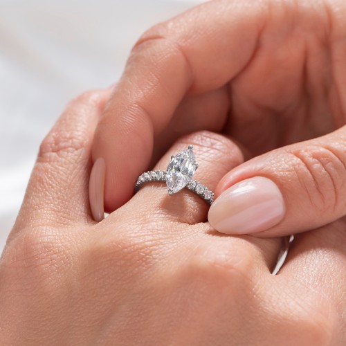 1 ct. (10x5mm) Marquise Moissanite Engagement Ring With 2mm Side Stones – 10K White Gold with Moissanite and Lab Diamond