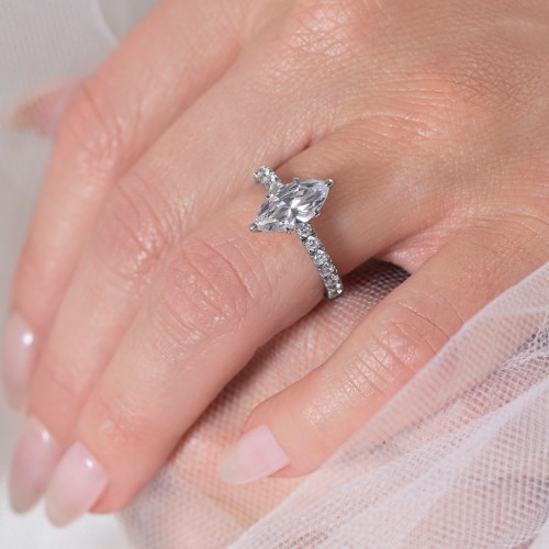 1 ct. (10x5mm) Marquise Moissanite Engagement Ring With 2mm Side Stones – 10K White Gold with Moissanite and Lab Diamond