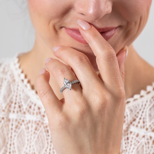 1 ct. (10x5mm) Marquise Moissanite Engagement Ring With 2mm Side Stones – 10K White Gold with Moissanite and Lab Diamond