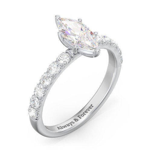 1 ct. (10x5mm) Marquise Moissanite Engagement Ring With 2mm Side Stones – 10K White Gold with Moissanite and Lab Diamond