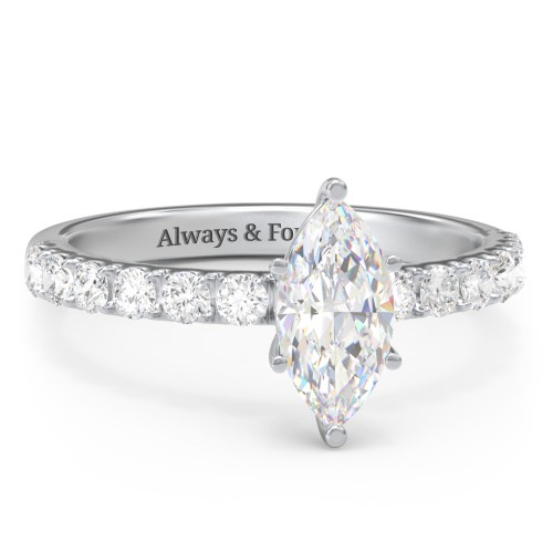 1 ct. (10x5mm) Marquise Moissanite Engagement Ring With 2mm Side Stones – 10K White Gold with Moissanite and Lab Diamond