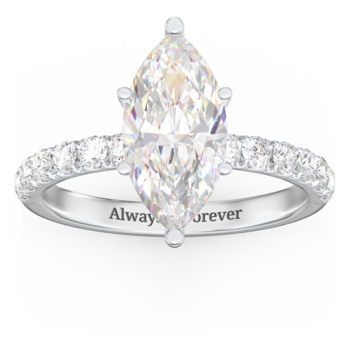 3 ct. (14x7mm) Marquise Moissanite Engagement Ring With 2mm Side Stones – 10K White Gold with Moissanite and Lab Diamond