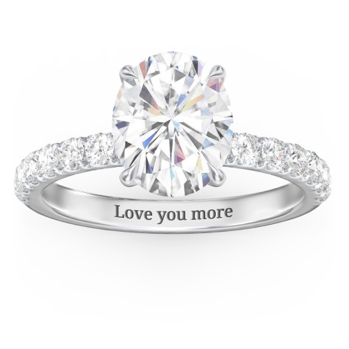 3 ct. (10x8mm) Oval Moissanite Engagement Ring With 2mm Side Stones – 10K White Gold with Moissanite and Lab Diamond