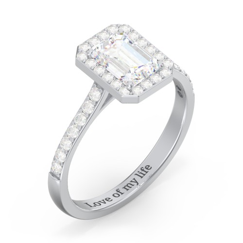 1 ct. (7x5mm) Emerald-Cut Moissanite Halo Engagement Ring with Side Stones – 10K White Gold with Moissanite and Lab Diamond