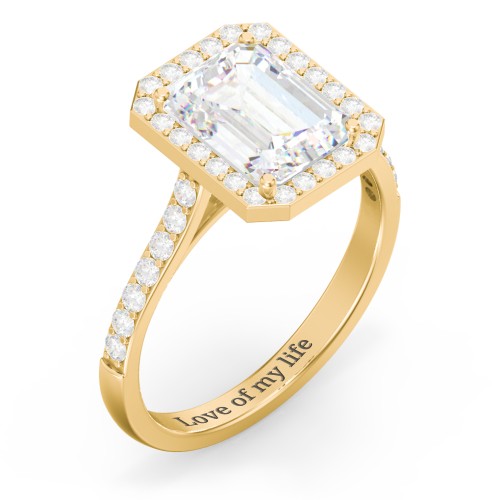 3 ct. (9x7mm) Emerald-Cut Moissanite Halo Engagement Ring with Side Stones – 10K Yellow Gold with Moissanite and Lab Diamond