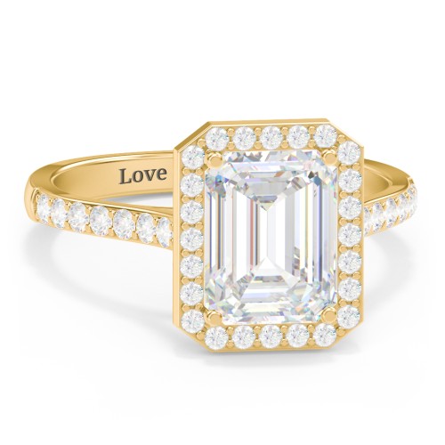 3 ct. (9x7mm) Emerald-Cut Moissanite Halo Engagement Ring with Side Stones – 10K Yellow Gold with Moissanite and Lab Diamond