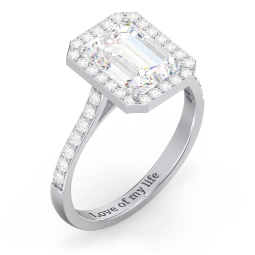 3 ct. (9x7mm) Emerald-Cut Moissanite Halo Engagement Ring with Side Stones – 10K White Gold with Moissanite and Lab Diamond
