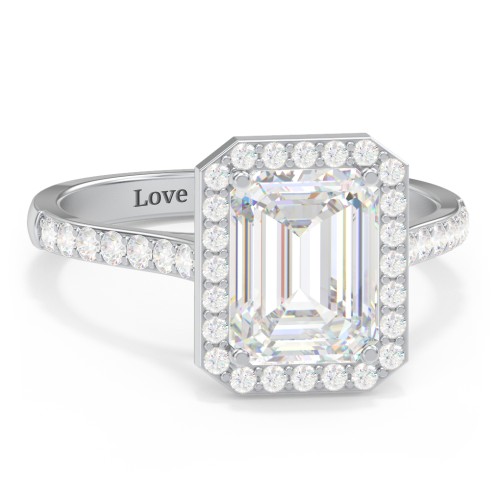 3 ct. (9x7mm) Emerald-Cut Moissanite Halo Engagement Ring with Side Stones – 10K White Gold with Moissanite and Lab Diamond
