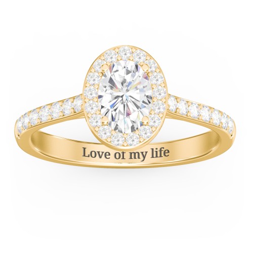 1 ct. (7x5mm) Oval Moissanite Halo Engagement Ring with Side Stones – 10K Yellow Gold with Moissanite and Lab Diamond