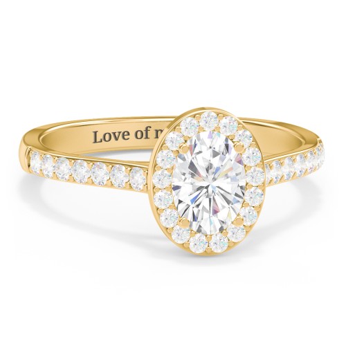 1 ct. (7x5mm) Oval Moissanite Halo Engagement Ring with Side Stones – 10K Yellow Gold with Moissanite and Lab Diamond