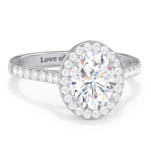 2 ct. (9x7mm) Oval Moissanite Halo Engagement Ring with Side Stones – 10K White Gold with Moissanite and Lab Diamond