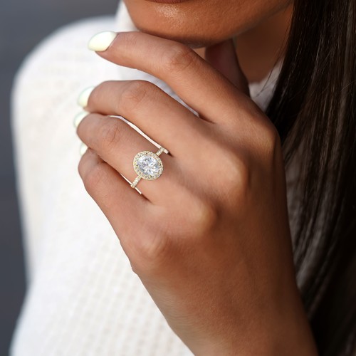 3 ct. (10x8mm) Oval Moissanite Halo Engagement Ring with Side Stones – 10K White Gold with Moissanite and Lab Diamond