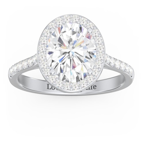 3 ct. (10x8mm) Oval Moissanite Halo Engagement Ring with Side Stones – 10K White Gold with Moissanite and Lab Diamond