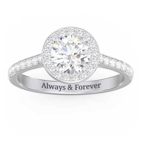 1 ct. (6.5mm) Moissanite Halo Engagement Ring with Side Stones – 10K White Gold with Moissanite and Lab Diamond