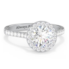 1.5 ct. (7.5mm) Moissanite Halo Engagement Ring with Side Stones – 10K White Gold with Moissanite and Lab Diamond