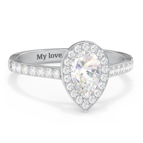 1 ct. (8x5mm) Pear Moissanite Halo Engagement Ring with Side Stones – 10K White Gold with Moissanite and Lab Diamond