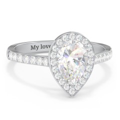 1.5 ct. (9x6mm) Pear Moissanite Halo Engagement Ring with Side Stones – 10K White Gold with Moissanite and Lab Diamond