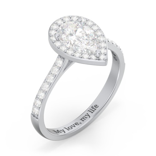 1.5 ct. (9x6mm) Pear Moissanite Halo Engagement Ring with Side Stones – 10K White Gold with Moissanite and Lab Diamond