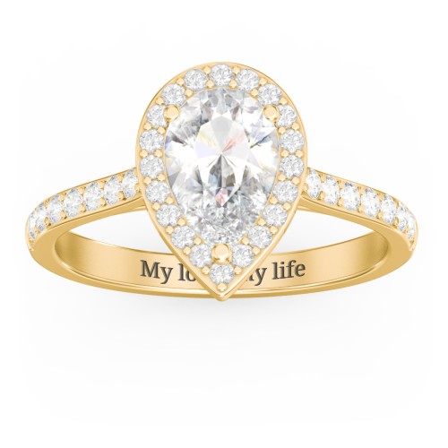 1.5 ct. (9x6mm) Pear Moissanite Halo Engagement Ring with Side Stones – 10K Yellow Gold with Moissanite and Lab Diamond