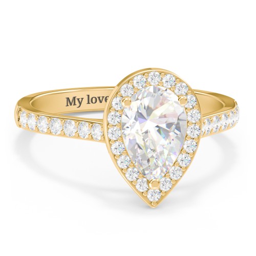 1.5 ct. (9x6mm) Pear Moissanite Halo Engagement Ring with Side Stones – 10K Yellow Gold with Moissanite and Lab Diamond