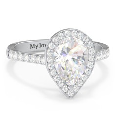 2 ct. (10x7mm) Pear Moissanite Halo Engagement Ring with Side Stones – 10K White Gold with Moissanite and Lab Diamond
