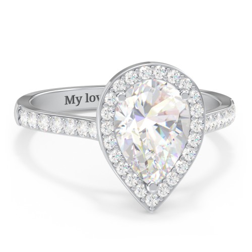 2 ct. (10x7mm) Pear Moissanite Halo Engagement Ring with Side Stones – 10K White Gold with Moissanite and Lab Diamond