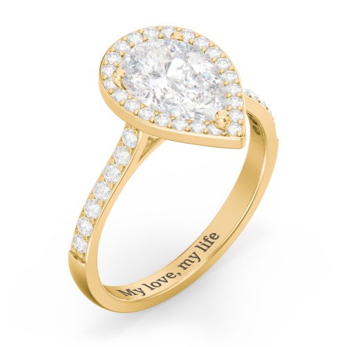 2 ct. (10x7mm) Pear Moissanite Halo Engagement Ring with Side Stones – 10K Yellow Gold with Moissanite and Lab Diamond