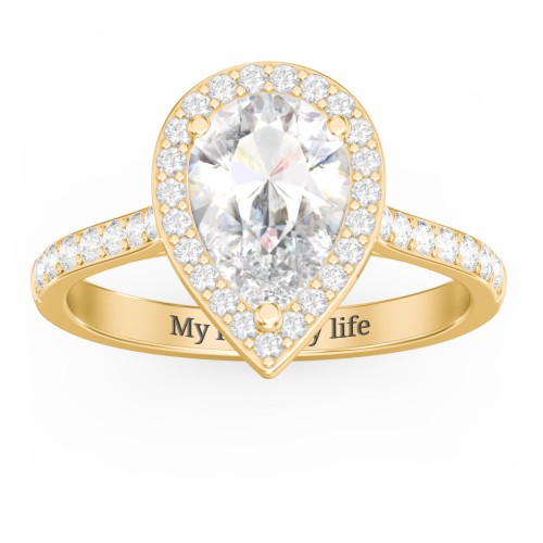 2 ct. (10x7mm) Pear Moissanite Halo Engagement Ring with Side Stones – 10K Yellow Gold with Moissanite and Lab Diamond