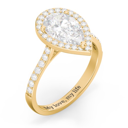 3 ct. (11x7mm) Pear Moissanite Halo Engagement Ring with Side Stones – 10K Yellow Gold with Moissanite and Lab Diamond