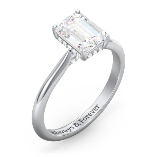 2 ct. (8x6mm) Emerald-Cut Moissanite Engagement Ring with Hidden Halo and Accents – 10K White Gold with Moissanite and Lab Diamond