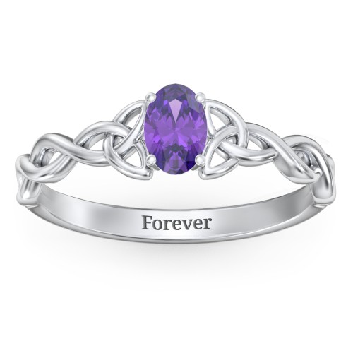 Oval Solitaire Celtic Trinity Knot Engagement Ring – Sterling Silver with Amethyst