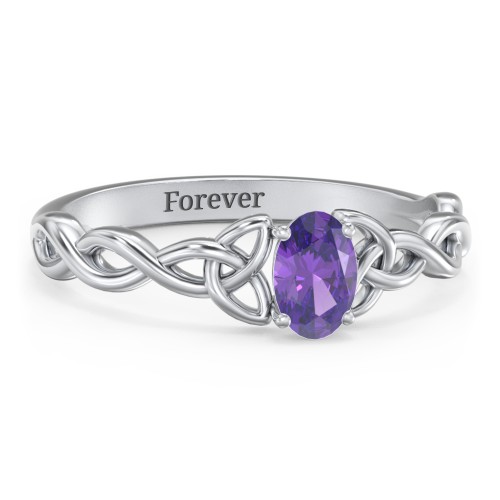 Oval Solitaire Celtic Trinity Knot Engagement Ring – Sterling Silver with Amethyst