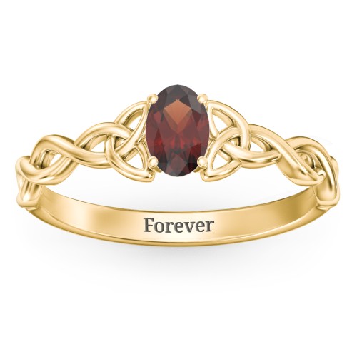 Oval Solitaire Celtic Trinity Knot Engagement Ring – 18K Gold Plated Silver with Garnet