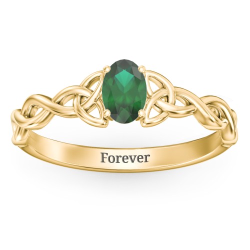 Oval Solitaire Celtic Trinity Knot Engagement Ring – 18K Gold Plated Silver with Emerald