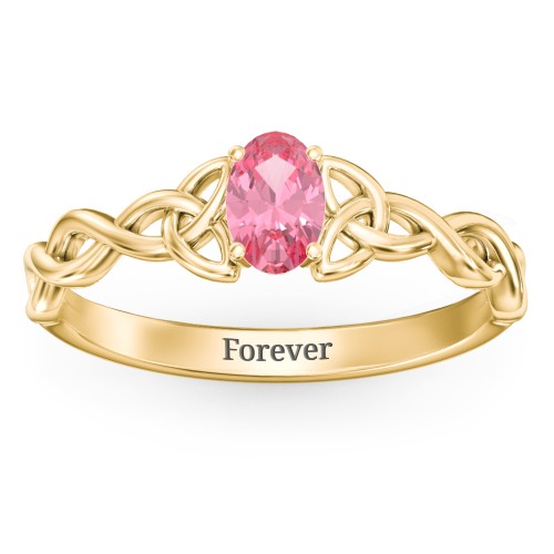 Oval Solitaire Celtic Trinity Knot Engagement Ring – 18K Gold Plated Silver with Pink Tourmaline
