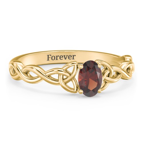 Oval Solitaire Celtic Trinity Knot Engagement Ring – 18K Gold Plated Silver with Garnet