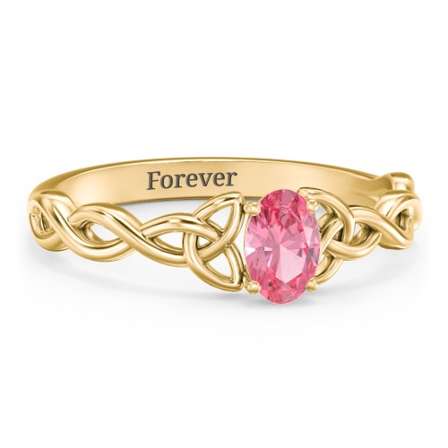 Oval Solitaire Celtic Trinity Knot Engagement Ring – 18K Gold Plated Silver with Pink Tourmaline