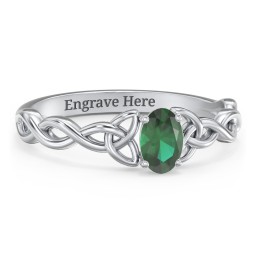 Oval Solitaire Celtic Trinity Knot Engagement Ring in 925 Sterling Silver with Emerald