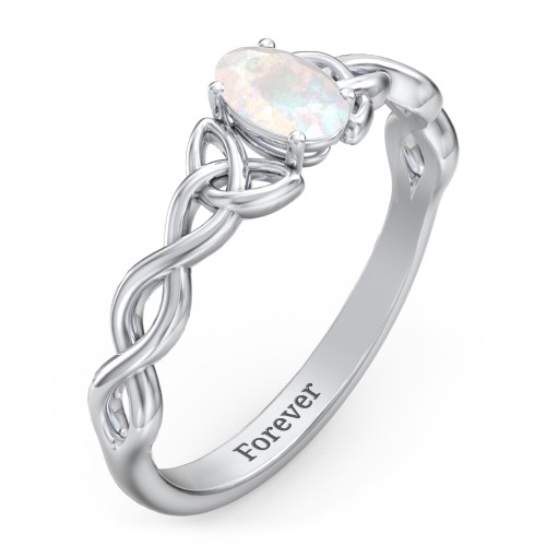 Oval Solitaire Celtic Trinity Knot Engagement Ring – Sterling Silver with Opal