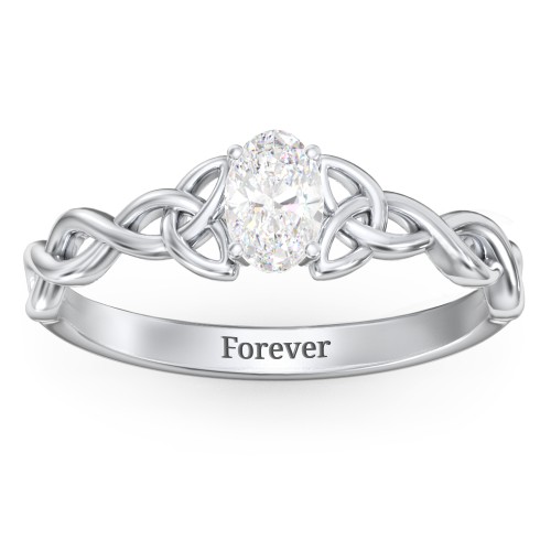 Oval Solitaire Celtic Trinity Knot Engagement Ring – Sterling Silver with Diamond