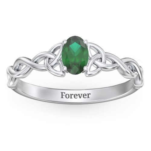 Oval Solitaire Celtic Trinity Knot Engagement Ring – Sterling Silver with Emerald