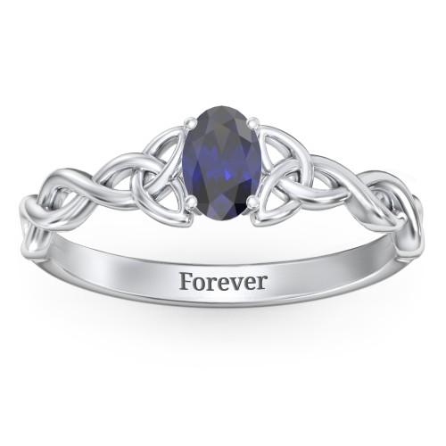 Oval Solitaire Celtic Trinity Knot Engagement Ring – Sterling Silver with Blue Sapphire