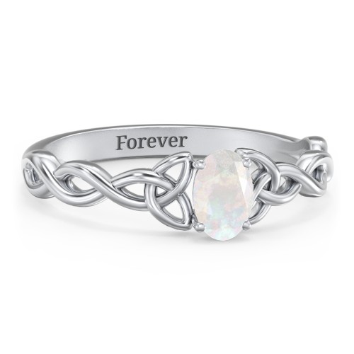Oval Solitaire Celtic Trinity Knot Engagement Ring – Sterling Silver with Opal