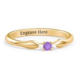 Dainty Trinity Stone Promise Ring in 10K Solid Yellow Gold with Amethyst and White Premium Zirconia