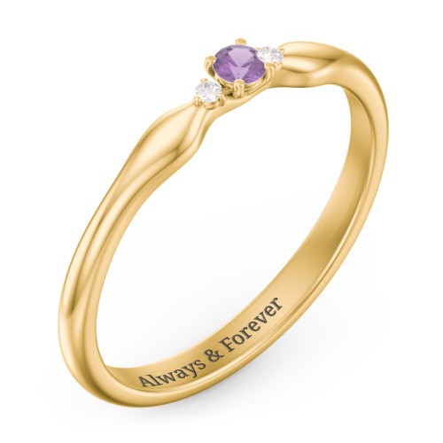Dainty Trinity Stone Promise Ring – 10K Yellow Gold with Amethyst and White Premium Zirconia