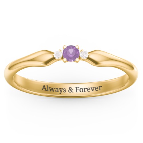 Dainty Trinity Stone Promise Ring – 10K Yellow Gold with Amethyst and White Premium Zirconia