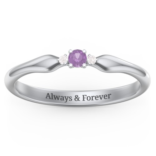 Dainty Trinity Stone Promise Ring – Sterling Silver with Amethyst and Diamond