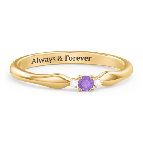 Dainty Trinity Stone Promise Ring – 10K Yellow Gold with Amethyst and White Premium Zirconia