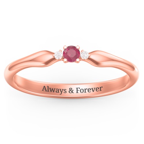 Dainty Trinity Stone Promise Ring – 10K Rose Gold with Ruby and White Premium Zirconia