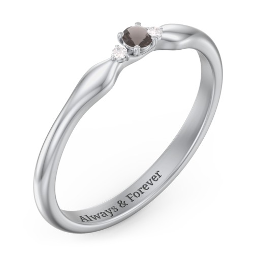 Dainty Trinity Stone Promise Ring – Sterling Silver with Smokey Quartz and Diamond